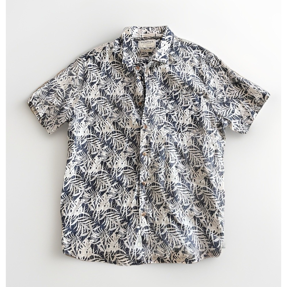 Heritage Linen Button Up Shirt Short Sleeve Floral Boho Summer Beachy Casual L